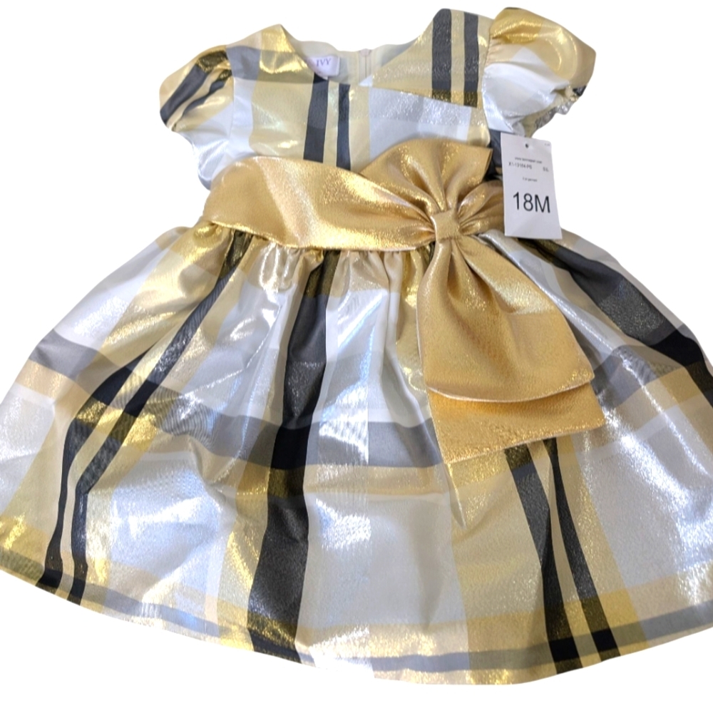 IRIS & IVY Girls 18 Month Metallic Plaid Taffeta Christmas Bow Dress - Picture 2 of 9